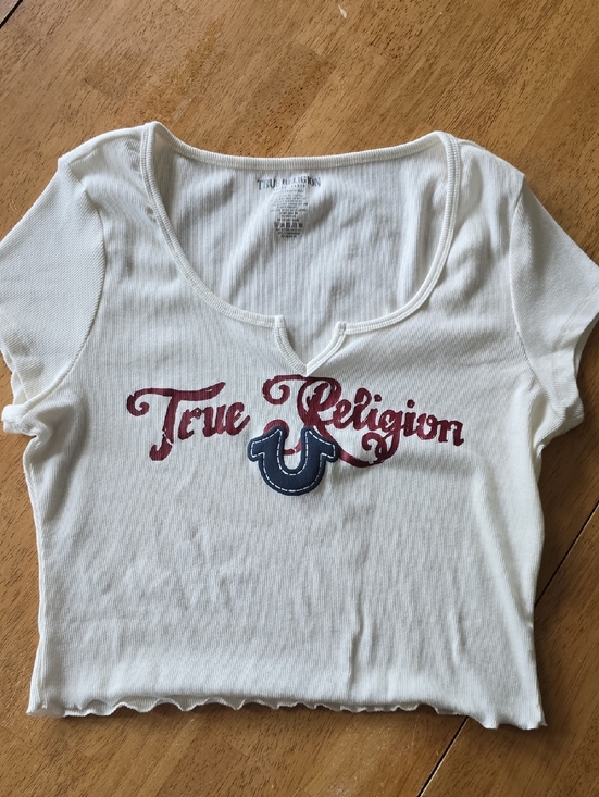 True Religion Tops - True Religion White Crop Tee with Red Script & Navy Horseshoe